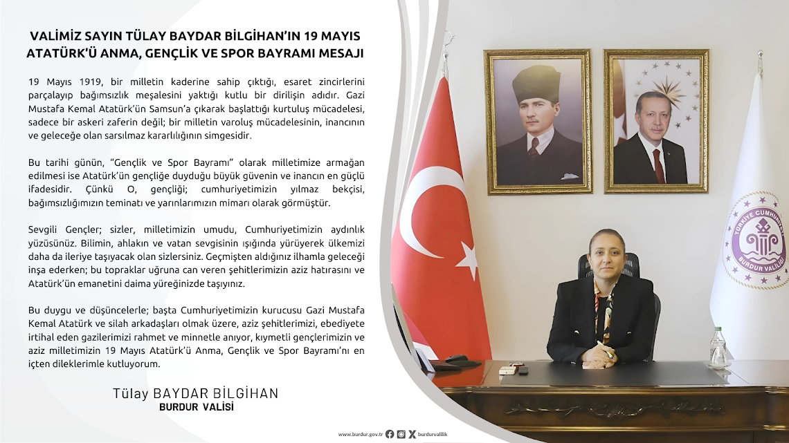VALİ BİLGİHAN’IN 19 MAYIS ATATÜRK’Ü ANMA, GENÇLİK VE SPOR BAYRAMI MESAJI