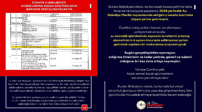 Burdur Belediyesi kentte gerçekleştirilen kaçak göçmen operasyonunun ardından yazılı bir açıklama yaptı